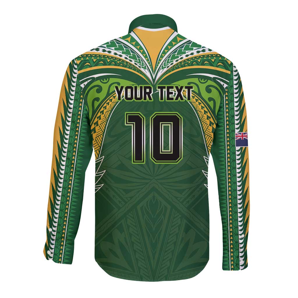 Custom Cook Islands Rugby League Long Sleeve Button Shirt Tatau Tribal Motifs-Dark Green Color - Polynesian Pride