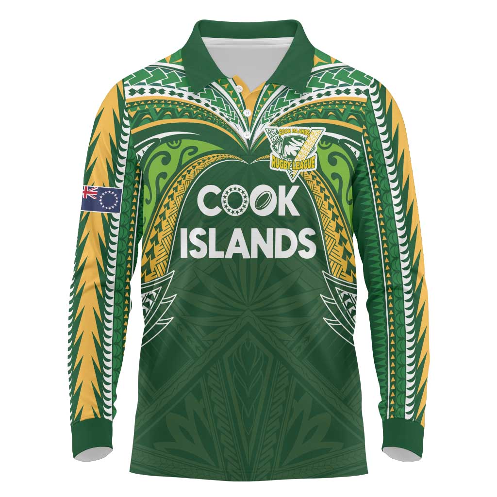 Custom Cook Islands Rugby League Long Sleeve Polo Shirt Tatau Tribal Motifs-Dark Green Color - Polynesian Pride