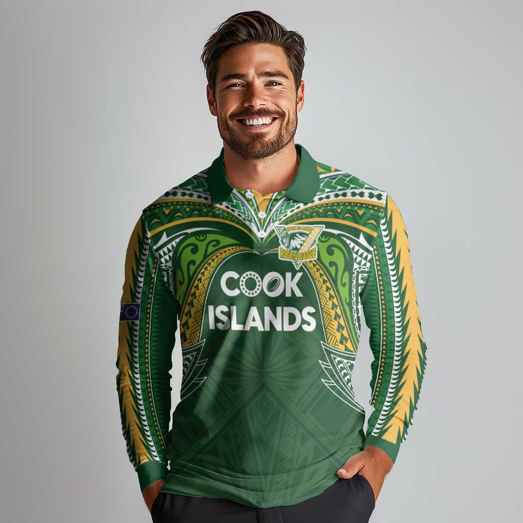 Custom Cook Islands Rugby League Long Sleeve Polo Shirt Tatau Tribal Motifs-Dark Green Color - Polynesian Pride