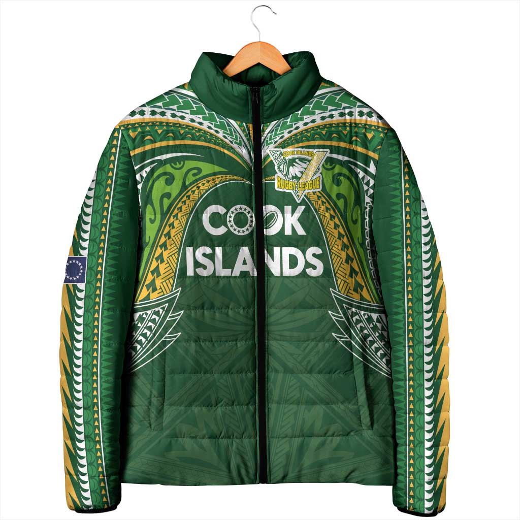 Custom Cook Islands Rugby League Padded Jacket Tatau Tribal Motifs-Dark Green Color - Polynesian Pride