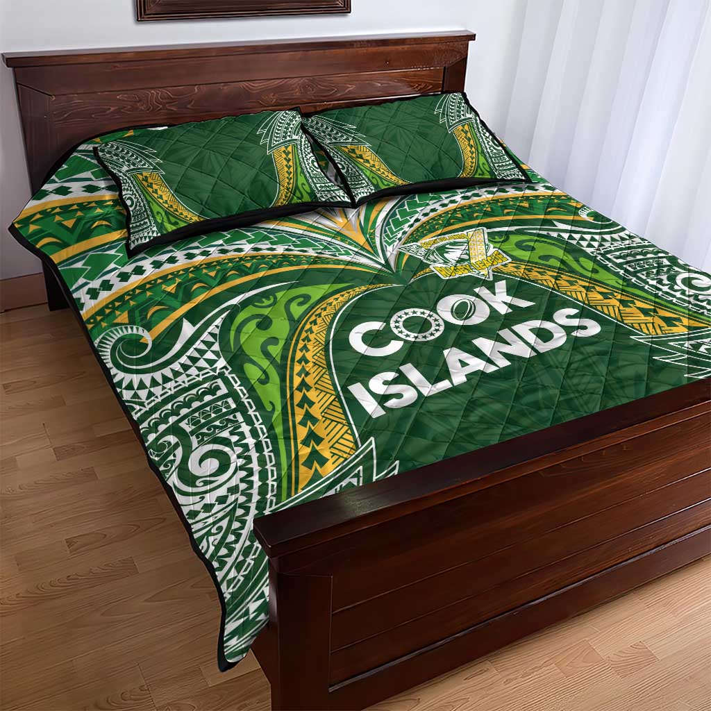 Cook Islands Rugby League Quilt Bed Set Tatau Tribal Motifs-Dark Green Color - Polynesian Pride