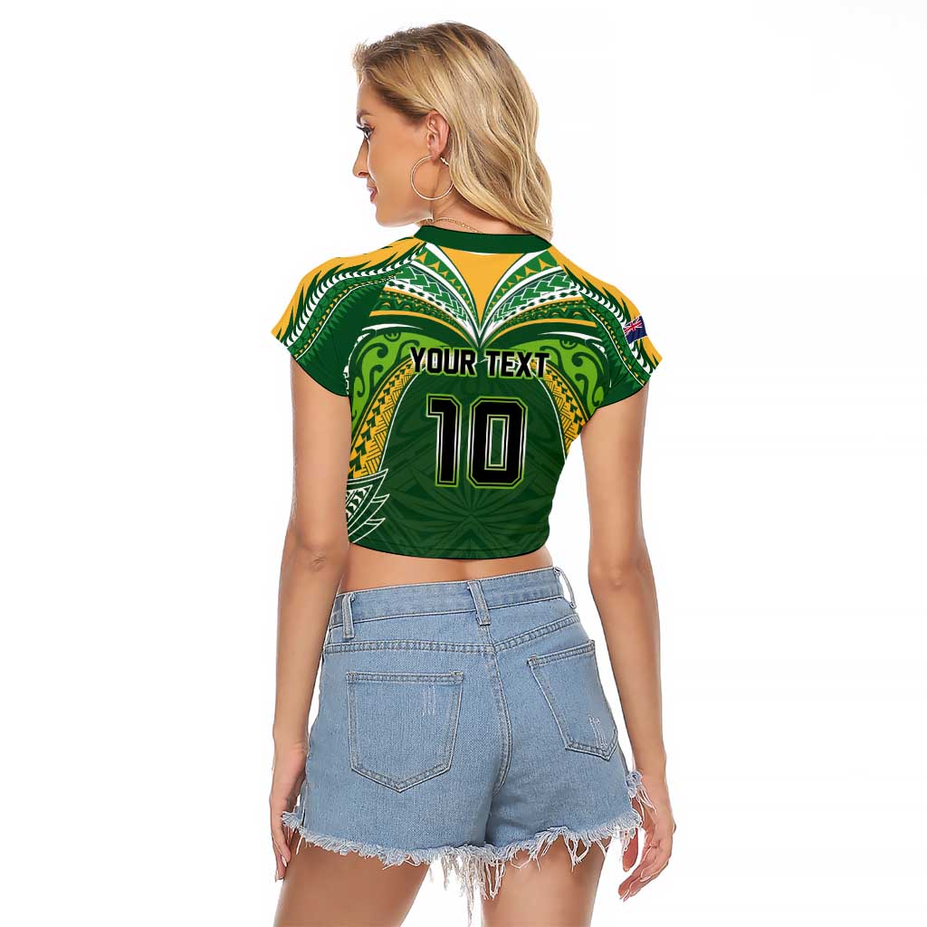Custom Cook Islands Rugby League Raglan Cropped T Shirt Tatau Tribal Motifs-Dark Green Color - Polynesian Pride