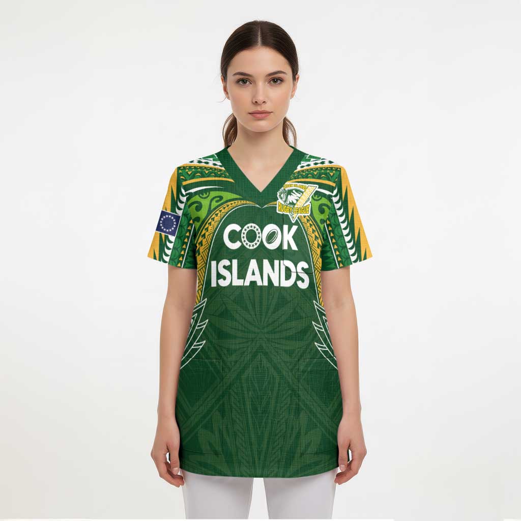 Custom Cook Islands Rugby League Scrub Top Tatau Tribal Motifs-Dark Green Color - Polynesian Pride