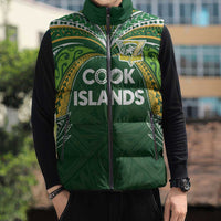 Custom Cook Islands Rugby League Sleeveless Puffer Jacket Tatau Tribal Motifs-Dark Green Color - Polynesian Pride