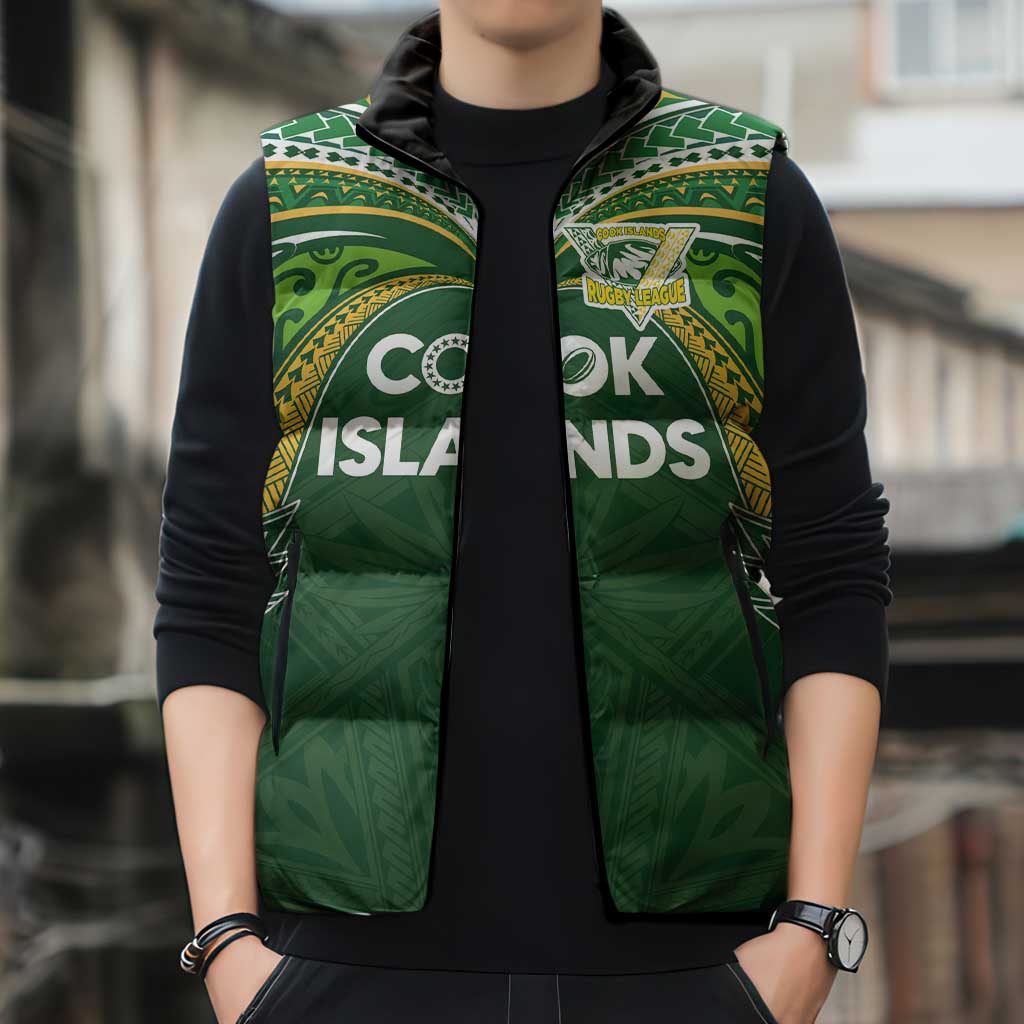 Custom Cook Islands Rugby League Sleeveless Puffer Jacket Tatau Tribal Motifs-Dark Green Color - Polynesian Pride