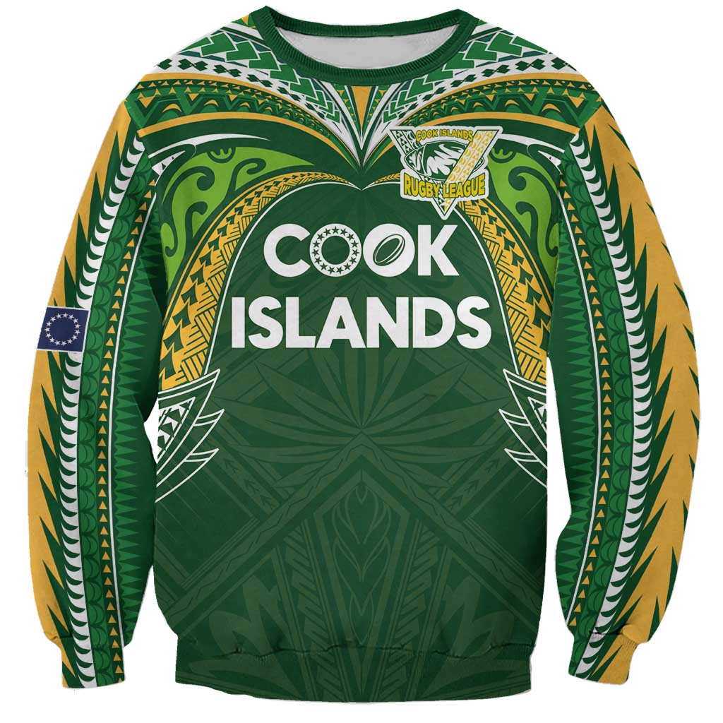 Custom Cook Islands Rugby League Sweatshirt Tatau Tribal Motifs-Dark Green Color - Polynesian Pride