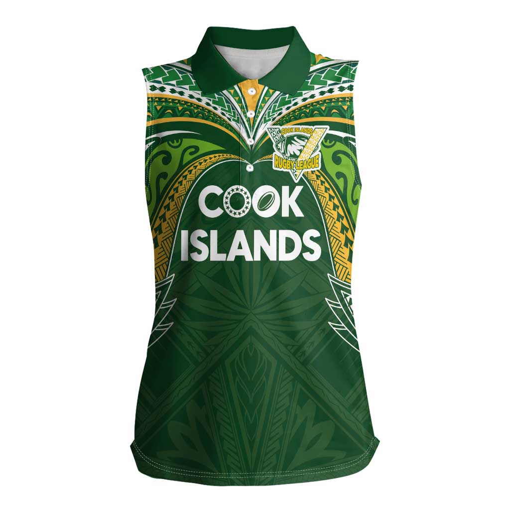 Custom Cook Islands Rugby League Women Sleeveless Polo Shirt Tatau Tribal Motifs-Dark Green Color - Polynesian Pride