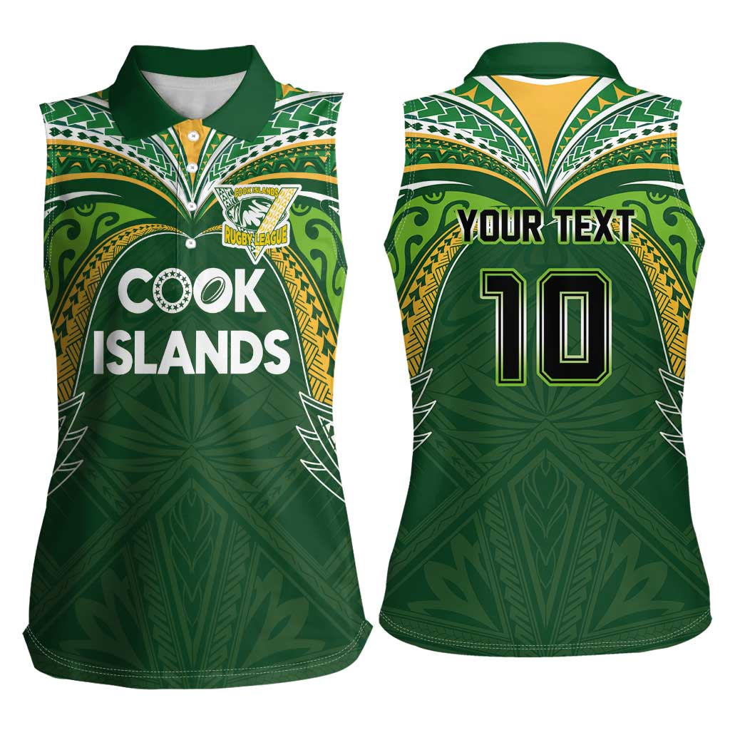 Custom Cook Islands Rugby League Women Sleeveless Polo Shirt Tatau Tribal Motifs-Dark Green Color - Polynesian Pride