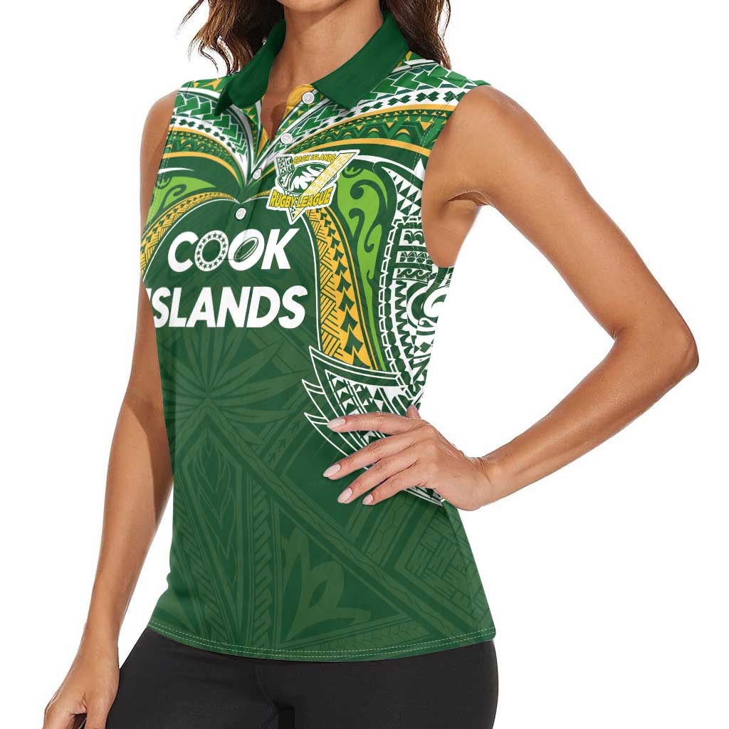 Custom Cook Islands Rugby League Women Sleeveless Polo Shirt Tatau Tribal Motifs-Dark Green Color - Polynesian Pride