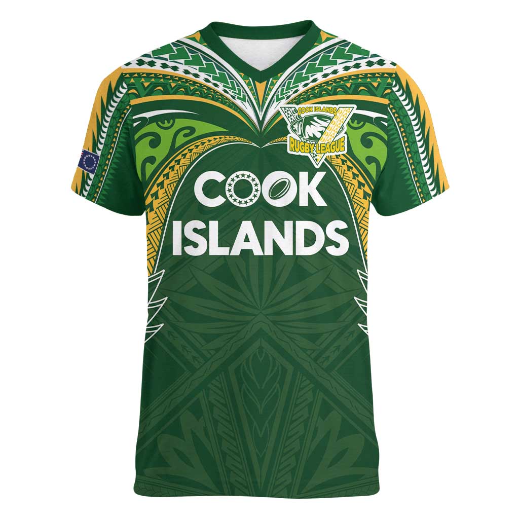 Custom Cook Islands Rugby League Women V-Neck T-Shirt Tatau Tribal Motifs-Dark Green Color - Polynesian Pride