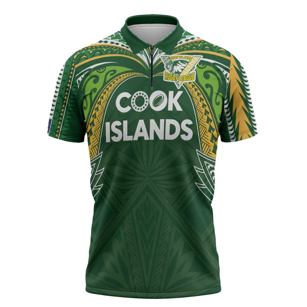 Custom Cook Islands Rugby League Zipper Polo Shirt Tatau Tribal Motifs-Dark Green Color - Polynesian Pride