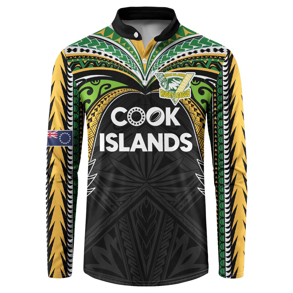 Custom Cook Islands Rugby League Button Sweatshirt Tatau Tribal Motifs-Black Color - Polynesian Pride