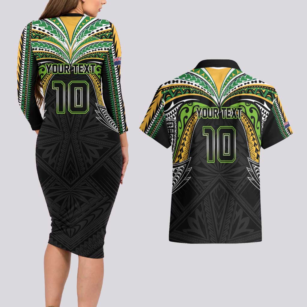 Custom Cook Islands Rugby League Couples Matching Long Sleeve Bodycon Dress and Hawaiian Shirt Tatau Tribal Motifs-Black Color - Polynesian Pride