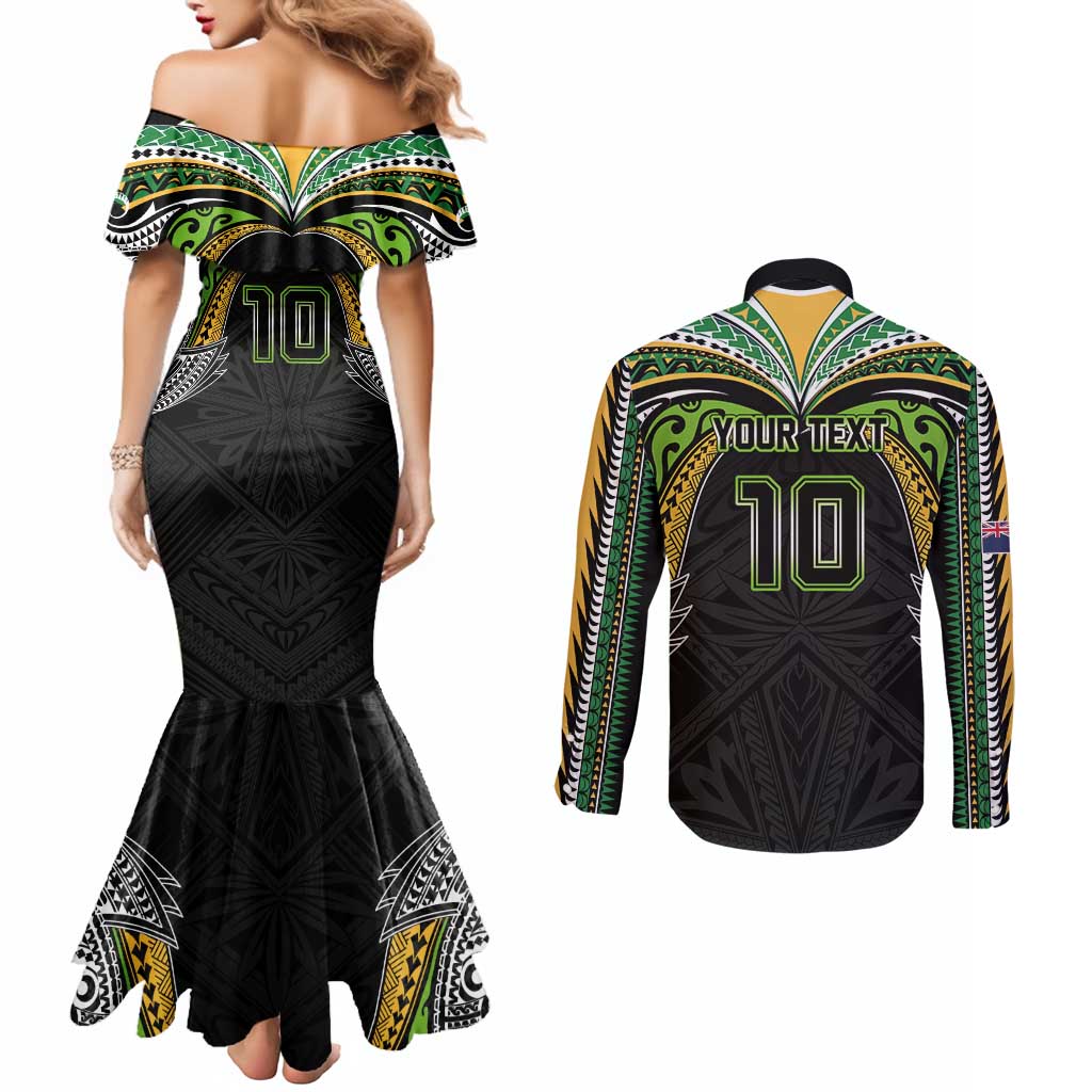 Custom Cook Islands Rugby League Couples Matching Mermaid Dress and Long Sleeve Button Shirt Tatau Tribal Motifs-Black Color - Polynesian Pride