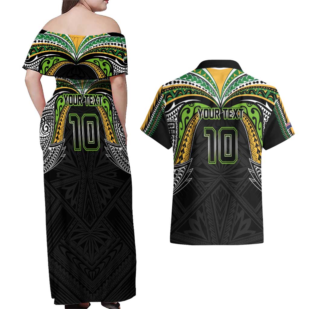 Custom Cook Islands Rugby League Couples Matching Off Shoulder Maxi Dress and Hawaiian Shirt Tatau Tribal Motifs-Black Color - Polynesian Pride