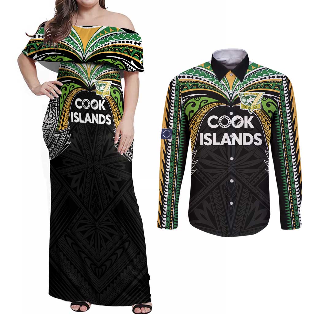 Custom Cook Islands Rugby League Couples Matching Off Shoulder Maxi Dress and Long Sleeve Button Shirt Tatau Tribal Motifs-Black Color - Polynesian Pride