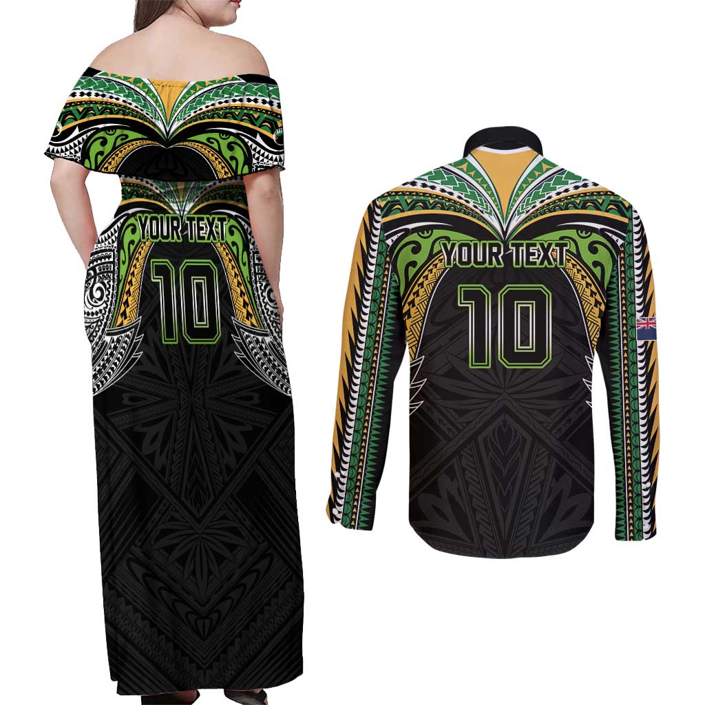 Custom Cook Islands Rugby League Couples Matching Off Shoulder Maxi Dress and Long Sleeve Button Shirt Tatau Tribal Motifs-Black Color - Polynesian Pride
