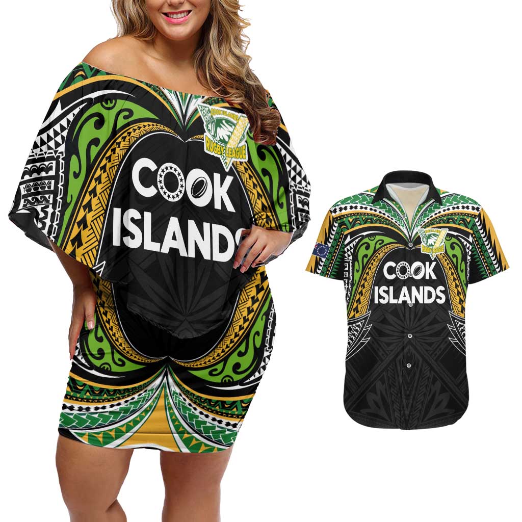 Custom Cook Islands Rugby League Couples Matching Off Shoulder Short Dress and Hawaiian Shirt Tatau Tribal Motifs-Black Color LT03 Black - Polynesian Pride