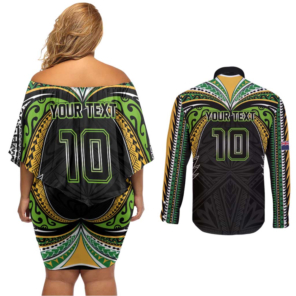 Custom Cook Islands Rugby League Couples Matching Off Shoulder Short Dress and Long Sleeve Button Shirt Tatau Tribal Motifs-Black Color - Polynesian Pride