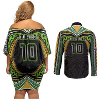 Custom Cook Islands Rugby League Couples Matching Off Shoulder Short Dress and Long Sleeve Button Shirt Tatau Tribal Motifs-Black Color - Polynesian Pride