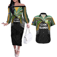 Custom Cook Islands Rugby League Couples Matching Off The Shoulder Long Sleeve Dress and Hawaiian Shirt Tatau Tribal Motifs-Black Color LT03 Black - Polynesian Pride