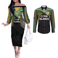 Custom Cook Islands Rugby League Couples Matching Off The Shoulder Long Sleeve Dress and Long Sleeve Button Shirt Tatau Tribal Motifs-Black Color - Polynesian Pride