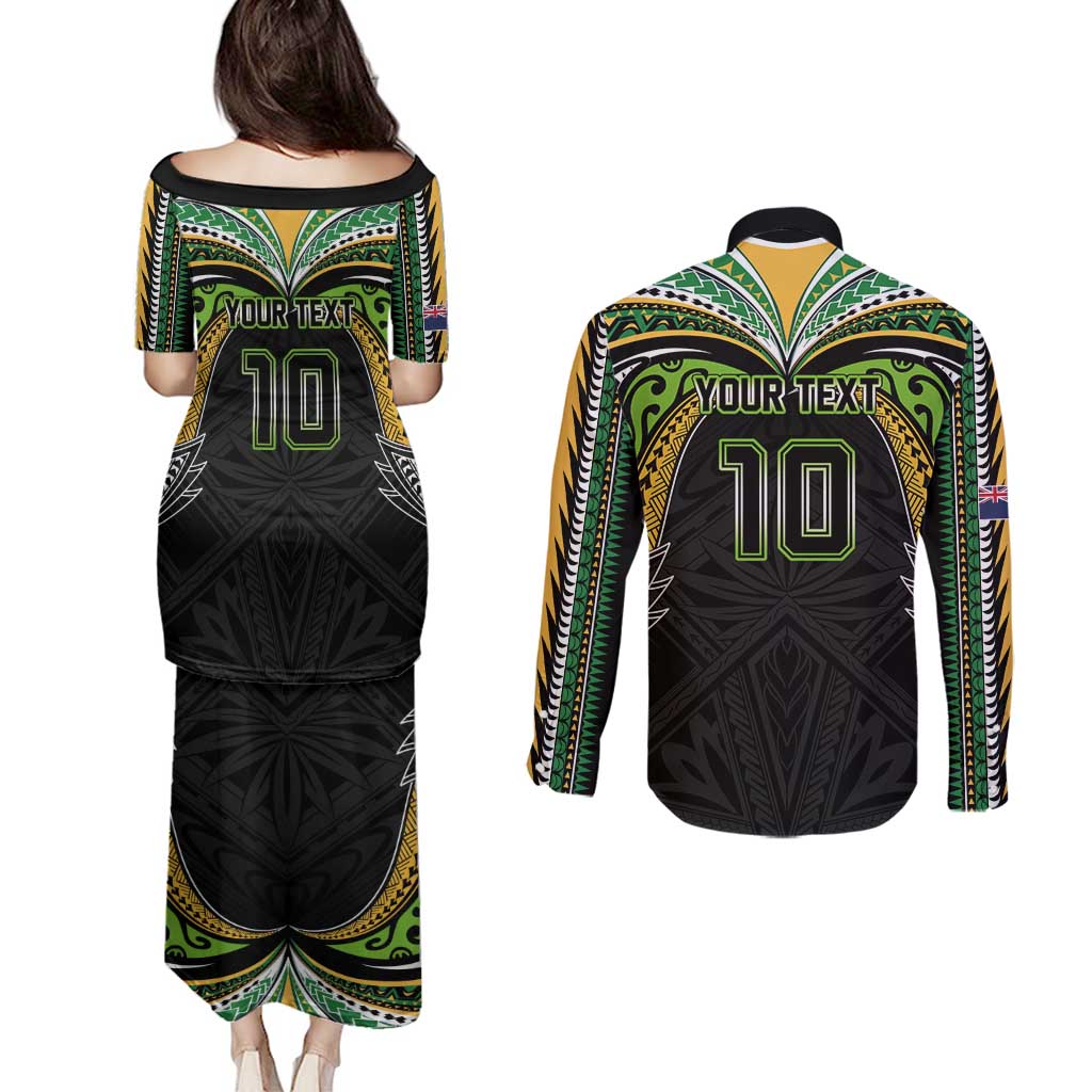 Custom Cook Islands Rugby League Couples Matching Puletasi and Long Sleeve Button Shirt Tatau Tribal Motifs-Black Color - Polynesian Pride