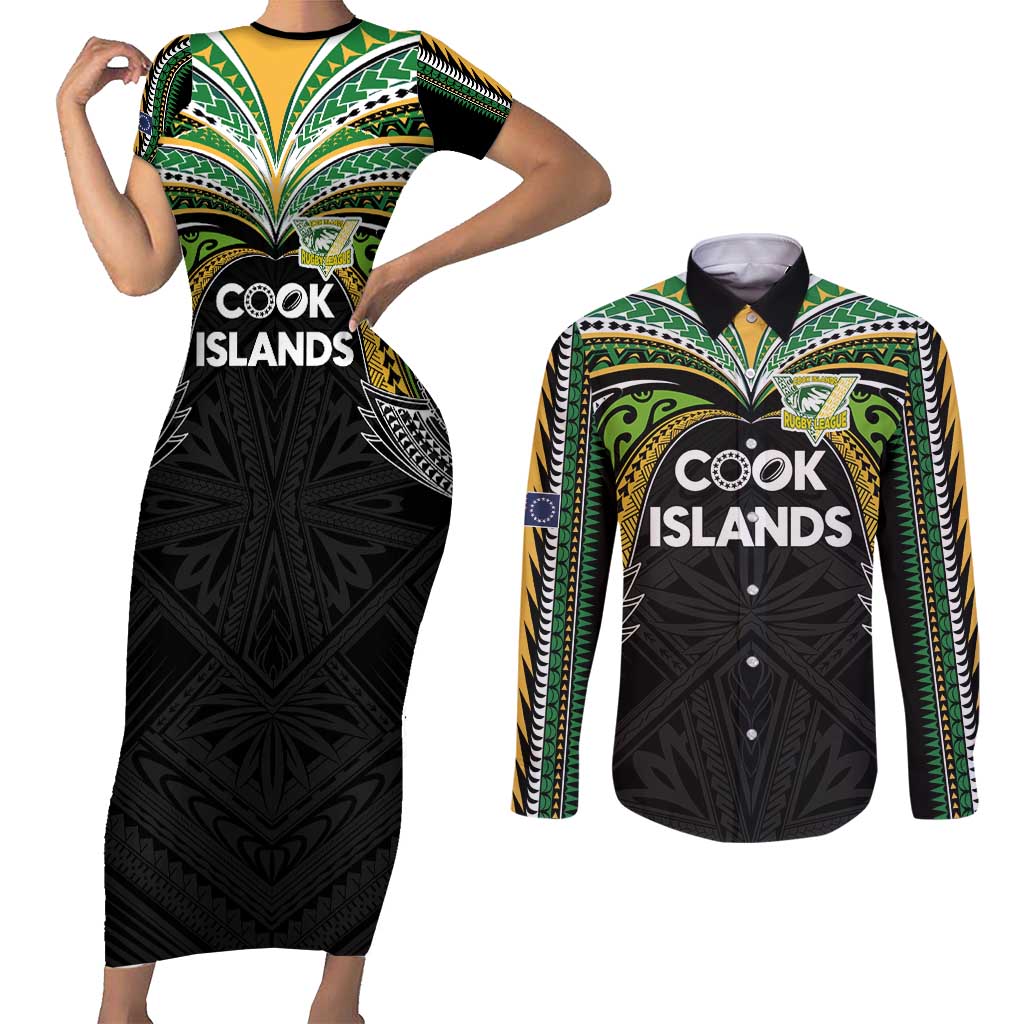 Custom Cook Islands Rugby League Couples Matching Short Sleeve Bodycon Dress and Long Sleeve Button Shirt Tatau Tribal Motifs-Black Color - Polynesian Pride