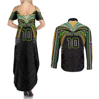 Custom Cook Islands Rugby League Couples Matching Summer Maxi Dress and Long Sleeve Button Shirt Tatau Tribal Motifs-Black Color - Polynesian Pride