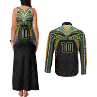 Custom Cook Islands Rugby League Couples Matching Tank Maxi Dress and Long Sleeve Button Shirt Tatau Tribal Motifs-Black Color - Polynesian Pride