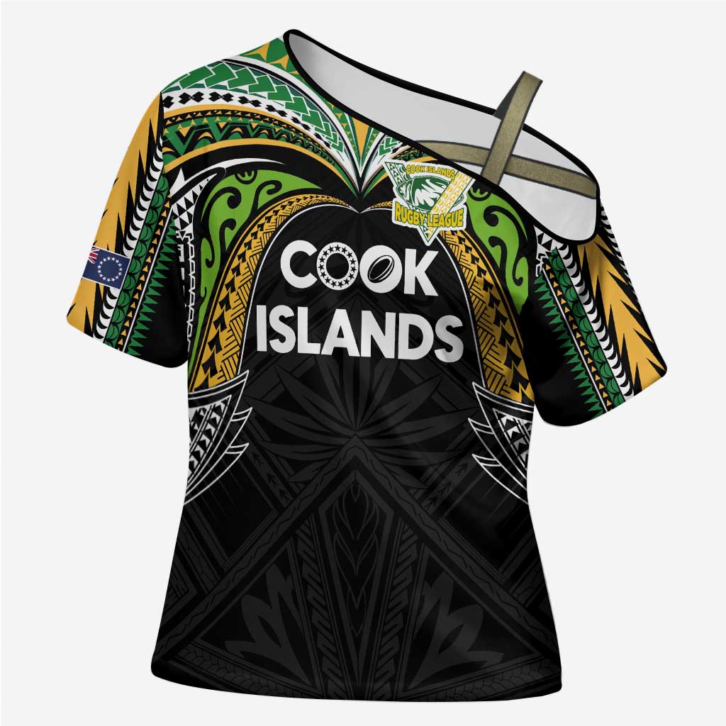 Custom Cook Islands Rugby League Cross Shoulder Shirt Tatau Tribal Motifs-Black Color - Polynesian Pride