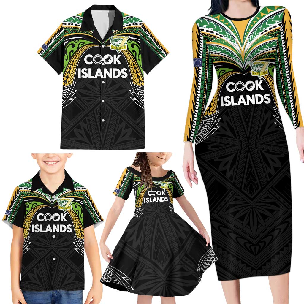 Custom Cook Islands Rugby League Family Matching Long Sleeve Bodycon Dress and Hawaiian Shirt Tatau Tribal Motifs-Black Color - Polynesian Pride