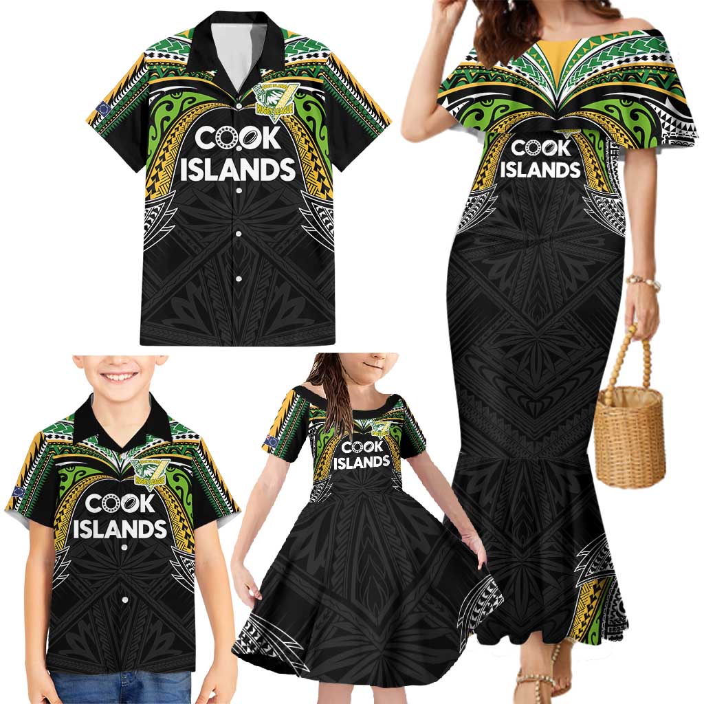 Custom Cook Islands Rugby League Family Matching Mermaid Dress and Hawaiian Shirt Tatau Tribal Motifs-Black Color - Polynesian Pride