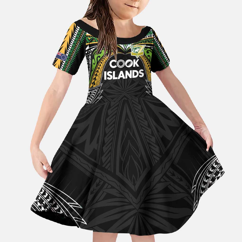Custom Cook Islands Rugby League Family Matching Off Shoulder Maxi Dress and Hawaiian Shirt Tatau Tribal Motifs-Black Color - Polynesian Pride