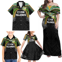 Custom Cook Islands Rugby League Family Matching Off Shoulder Maxi Dress and Hawaiian Shirt Tatau Tribal Motifs-Black Color - Polynesian Pride