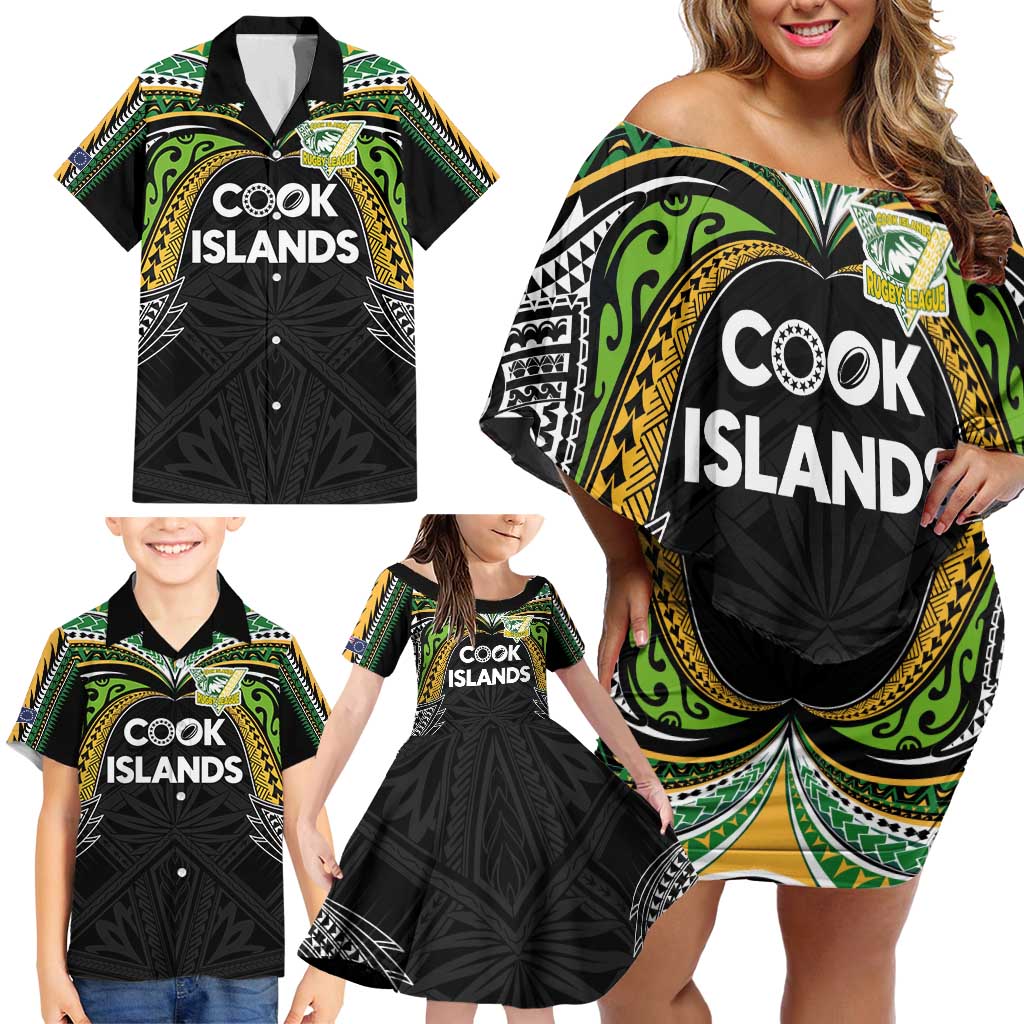 Custom Cook Islands Rugby League Family Matching Off Shoulder Short Dress and Hawaiian Shirt Tatau Tribal Motifs-Black Color - Polynesian Pride