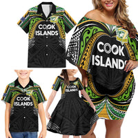 Custom Cook Islands Rugby League Family Matching Off Shoulder Short Dress and Hawaiian Shirt Tatau Tribal Motifs-Black Color LT03 - Polynesian Pride