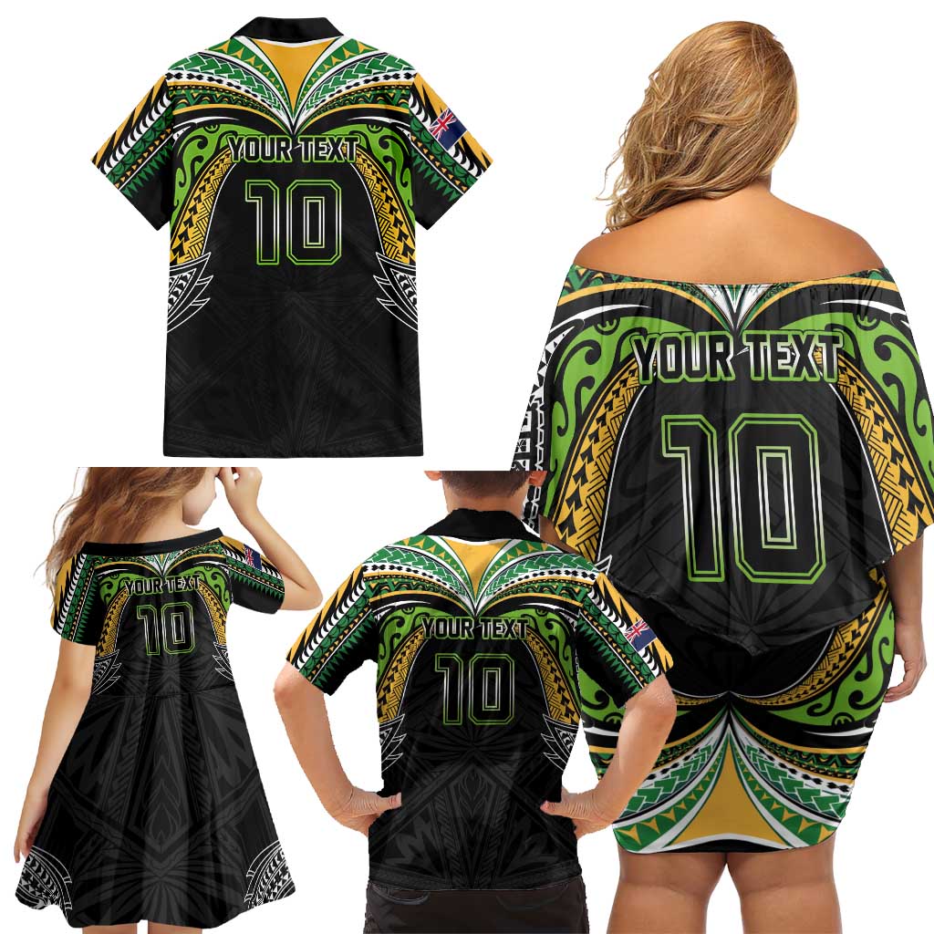 Custom Cook Islands Rugby League Family Matching Off Shoulder Short Dress and Hawaiian Shirt Tatau Tribal Motifs-Black Color LT03 - Polynesian Pride