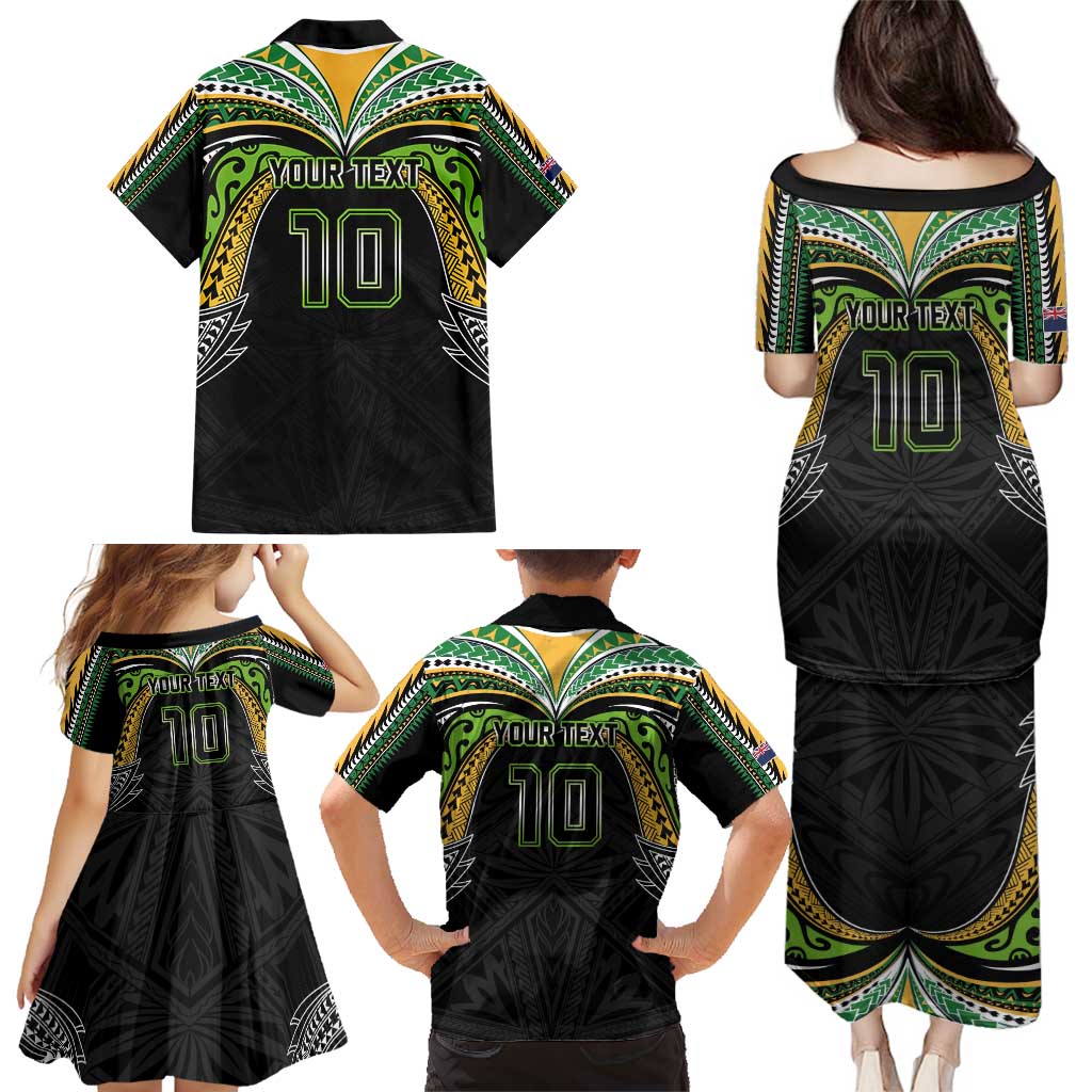 Custom Cook Islands Rugby League Family Matching Puletasi and Hawaiian Shirt Tatau Tribal Motifs-Black Color - Polynesian Pride
