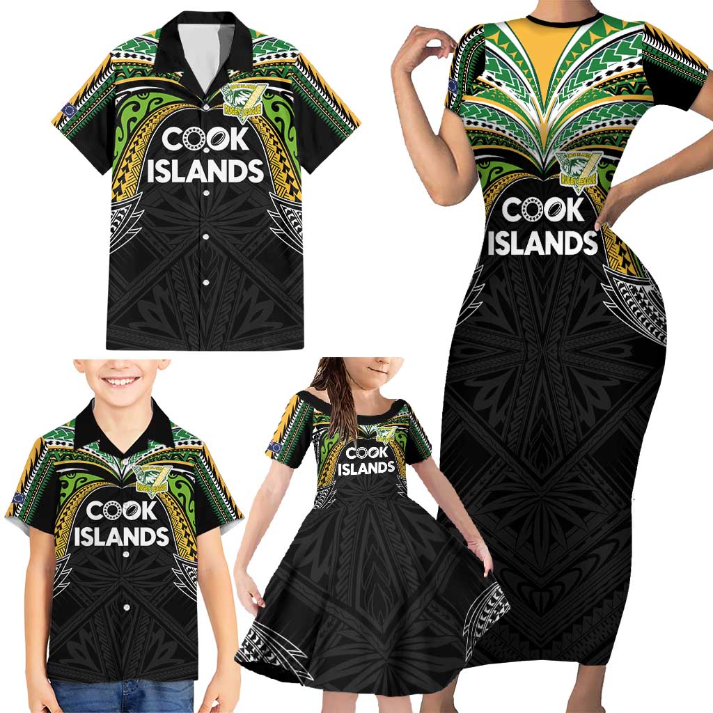 Custom Cook Islands Rugby League Family Matching Short Sleeve Bodycon Dress and Hawaiian Shirt Tatau Tribal Motifs-Black Color - Polynesian Pride