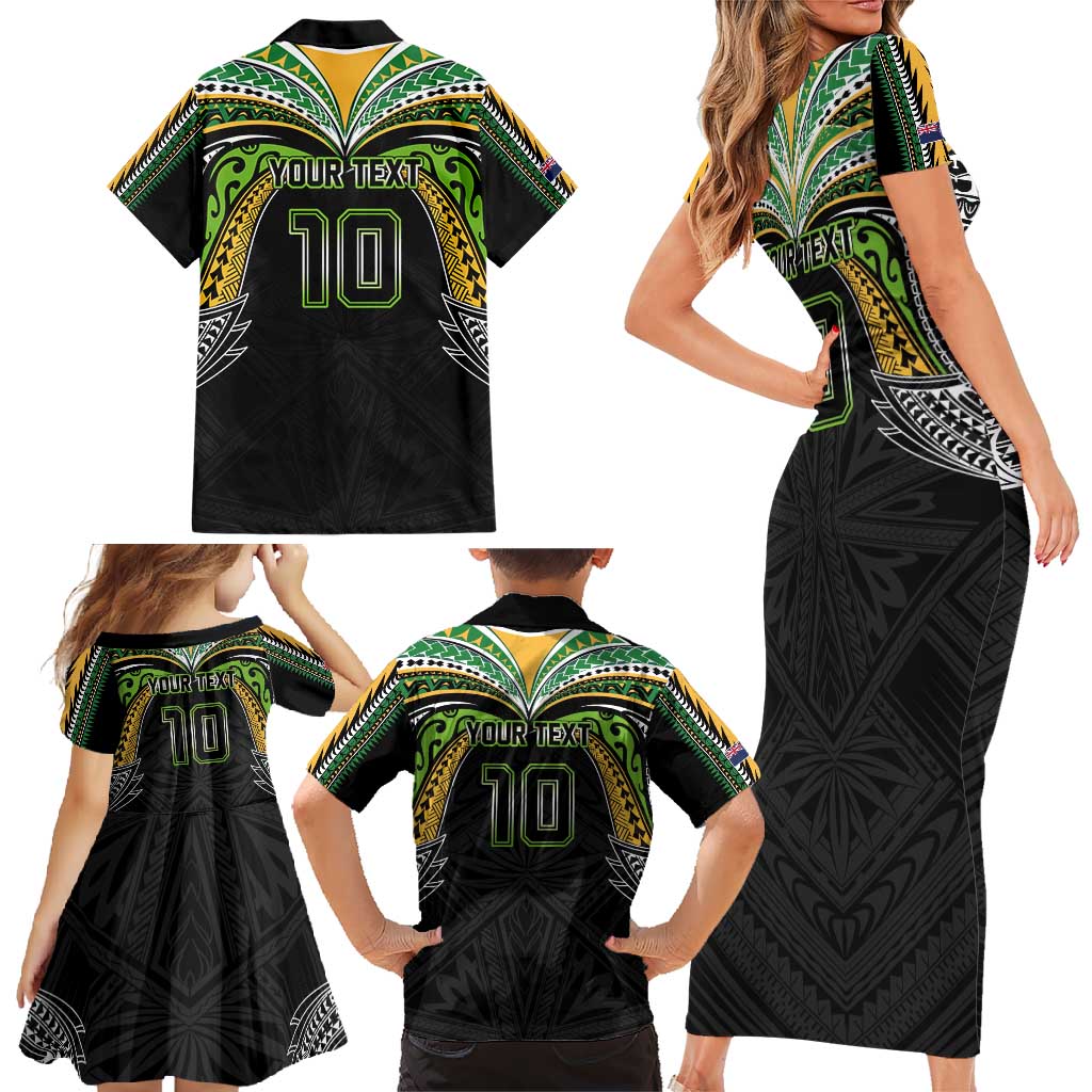 Custom Cook Islands Rugby League Family Matching Short Sleeve Bodycon Dress and Hawaiian Shirt Tatau Tribal Motifs-Black Color - Polynesian Pride