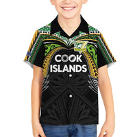 Custom Cook Islands Rugby League Family Matching Short Sleeve Bodycon Dress and Hawaiian Shirt Tatau Tribal Motifs-Black Color - Polynesian Pride