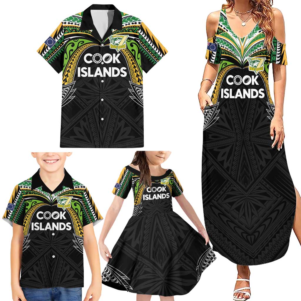 Custom Cook Islands Rugby League Family Matching Summer Maxi Dress and Hawaiian Shirt Tatau Tribal Motifs-Black Color LT03 - Polynesian Pride