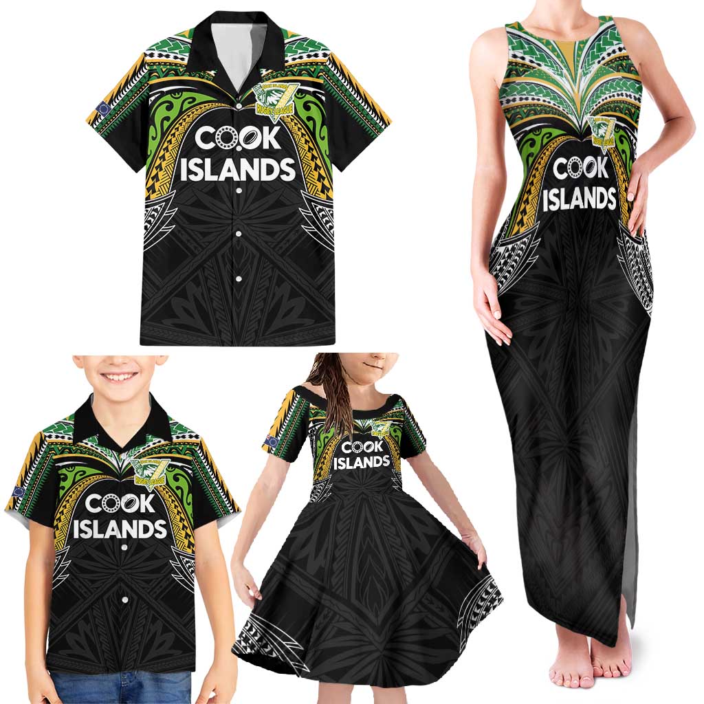 Custom Cook Islands Rugby League Family Matching Tank Maxi Dress and Hawaiian Shirt Tatau Tribal Motifs-Black Color - Polynesian Pride