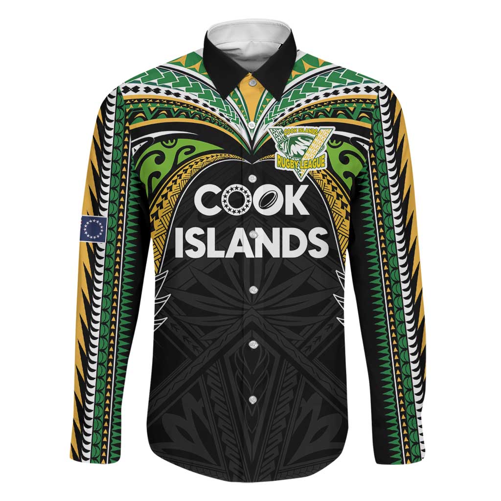Custom Cook Islands Rugby League Family Matching Tank Maxi Dress and Hawaiian Shirt Tatau Tribal Motifs-Black Color LT03 Dad's Shirt - Long Sleeve Black - Polynesian Pride
