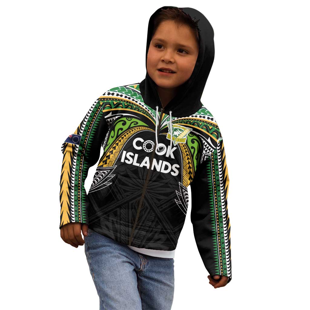 Custom Cook Islands Rugby League Kid Hoodie Tatau Tribal Motifs-Black Color - Polynesian Pride