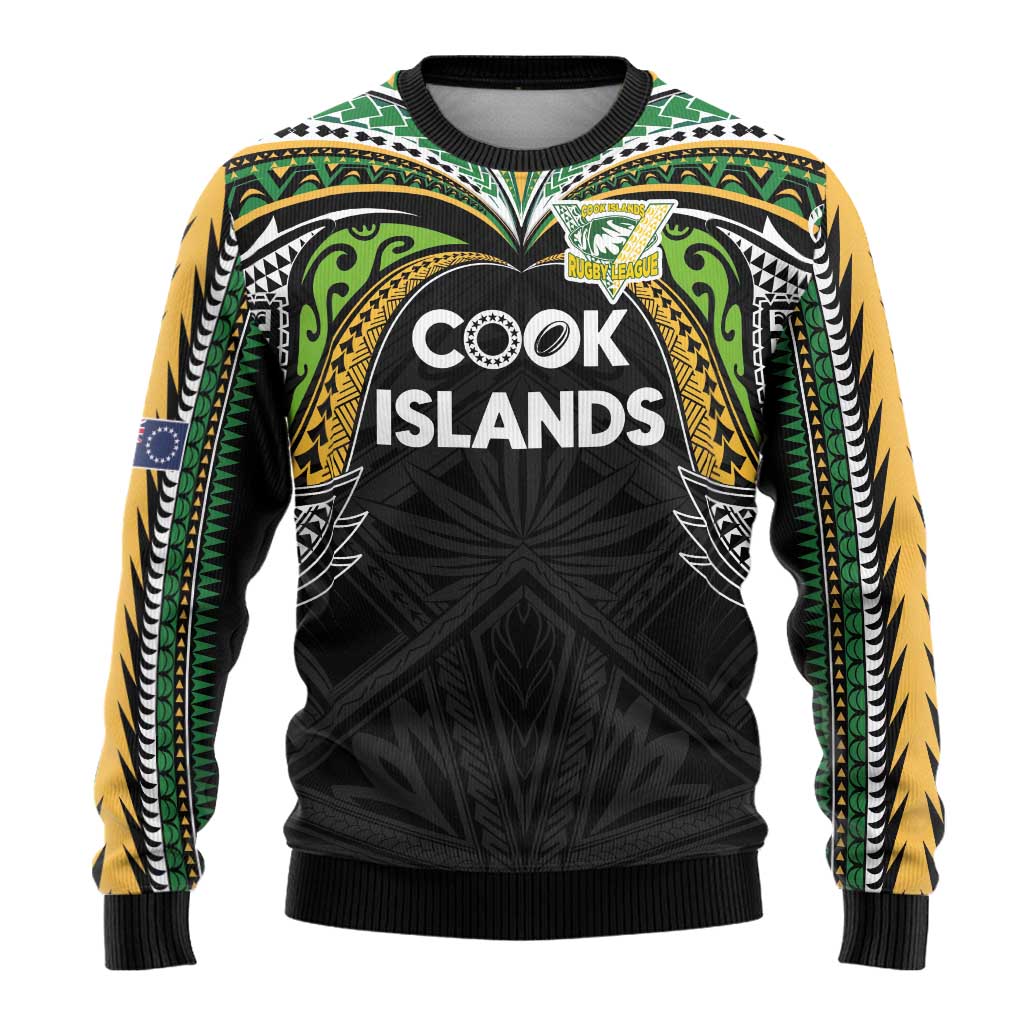 Custom Cook Islands Rugby League Ugly Christmas Sweater Tatau Tribal Motifs-Black Color - Polynesian Pride
