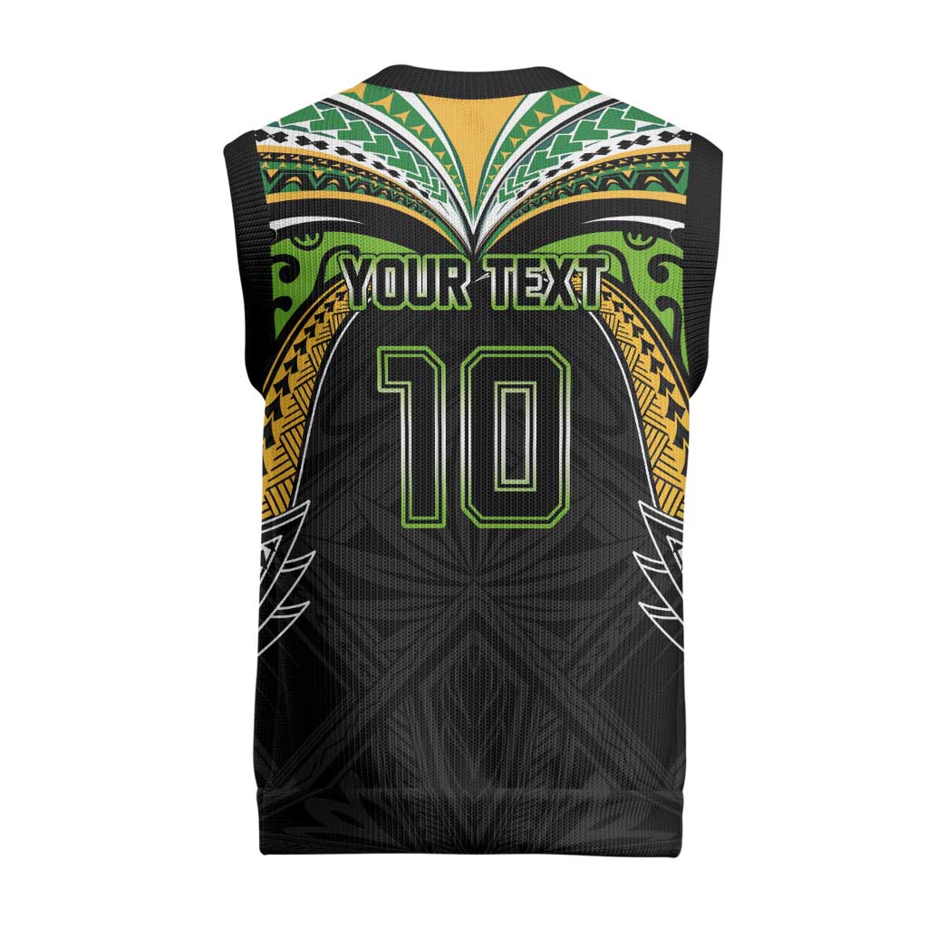 Custom Cook Islands Rugby League Christmas Knitted V-Neck Vest Tatau Tribal Motifs-Black Color - Polynesian Pride