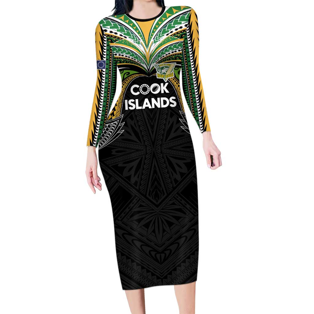 Custom Cook Islands Rugby League Long Sleeve Bodycon Dress Tatau Tribal Motifs-Black Color - Polynesian Pride