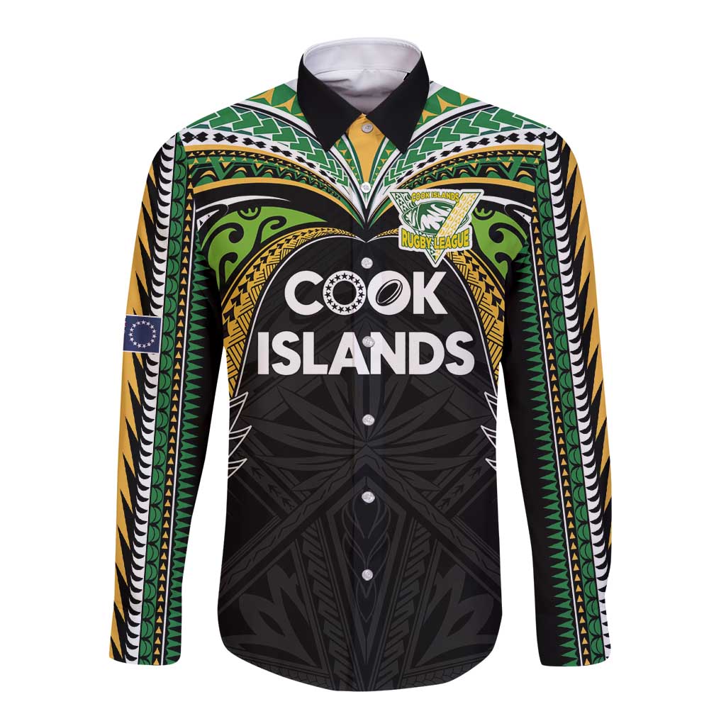 Custom Cook Islands Rugby League Long Sleeve Button Shirt Tatau Tribal Motifs-Black Color - Polynesian Pride